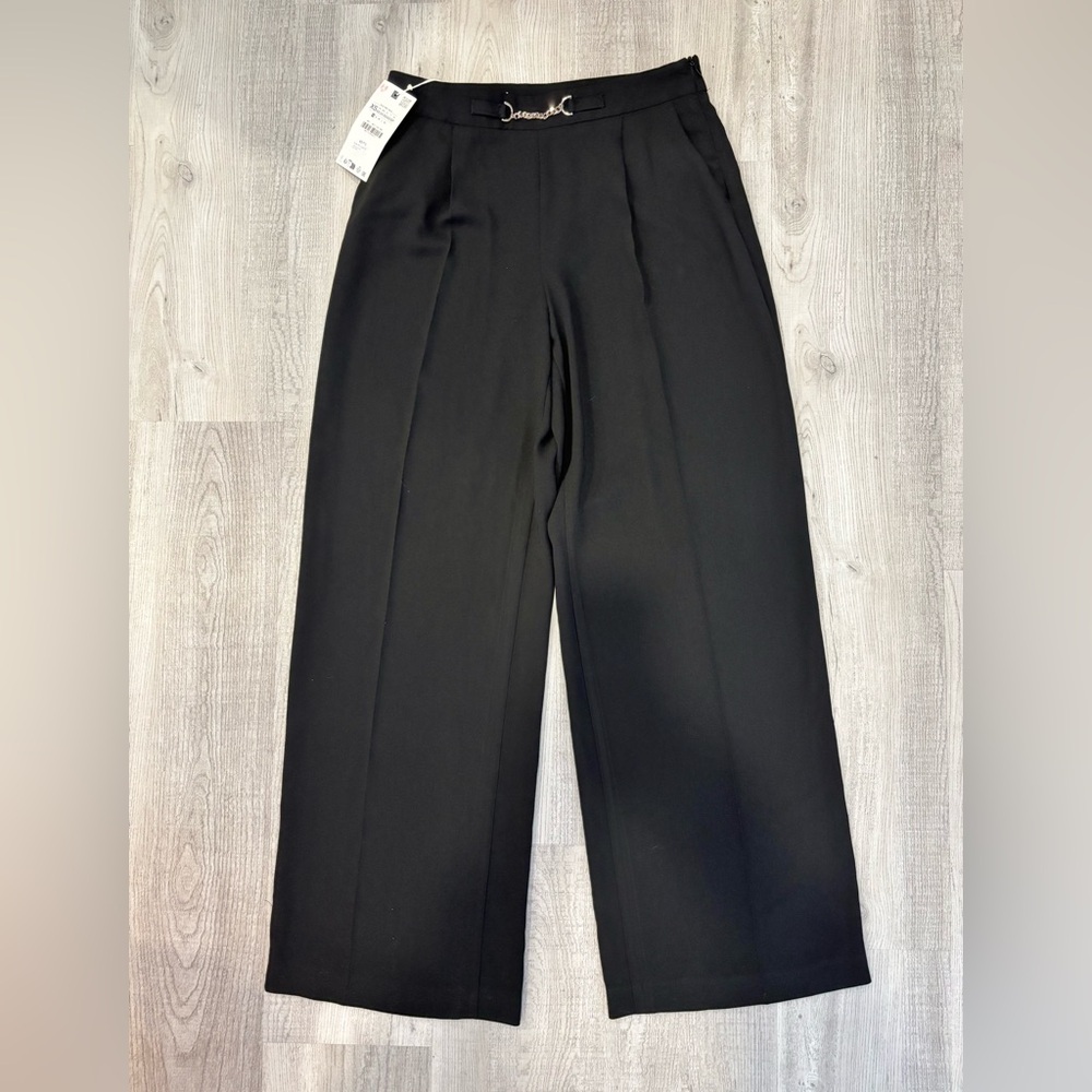 NWT Zara Classic Black Chain Wide Leg Pleated Trousers XS - Picture 5 of 12